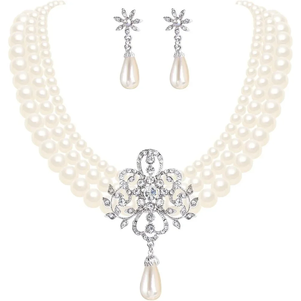 Women's Silver-Tone Ivory Simulated Pearls Crystal Victorian Style Statement Nec